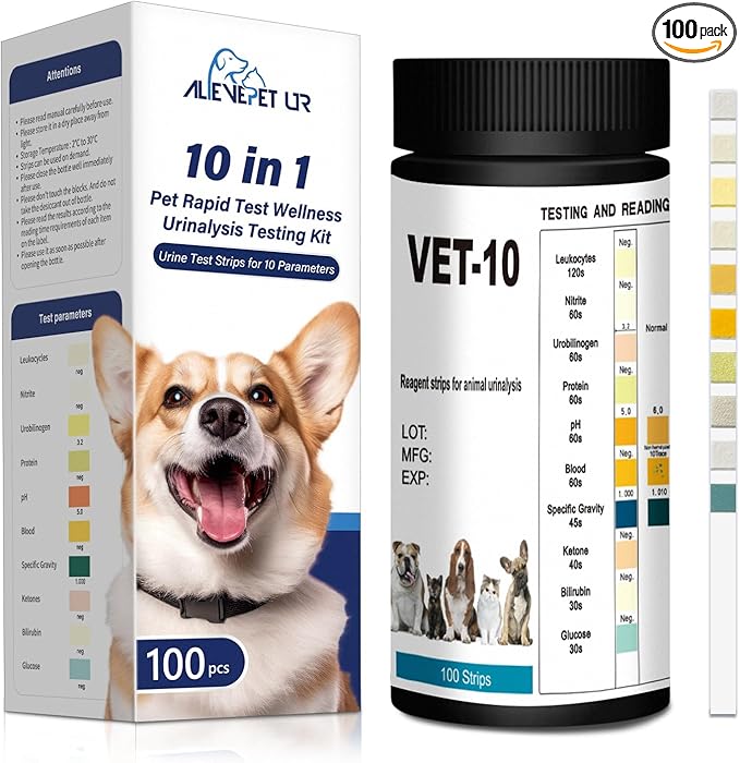 10-Parameter Urine Test Strips for Cat & Dog 10 in 1 UTI Test Kit Pets Rapid Diabetes Urinalysis Testing 100 Counts, 1 Pack