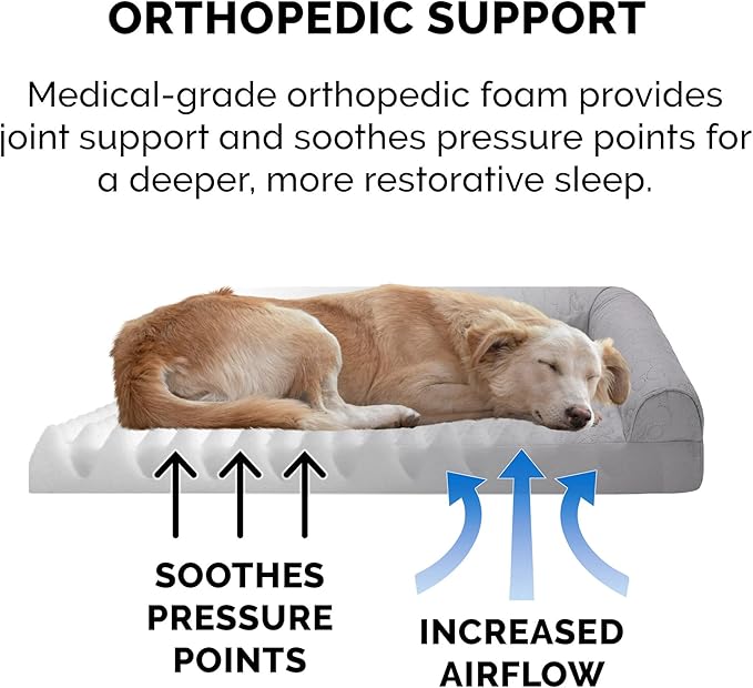 Furhaven Orthopedic Dog Bed for Large Dogs w/ Removable Bolsters & Washable Cover, For Dogs Up to 95 lbs - Pinsonic Quilted Paw L Shaped Chaise - Titanium, Jumbo/XL