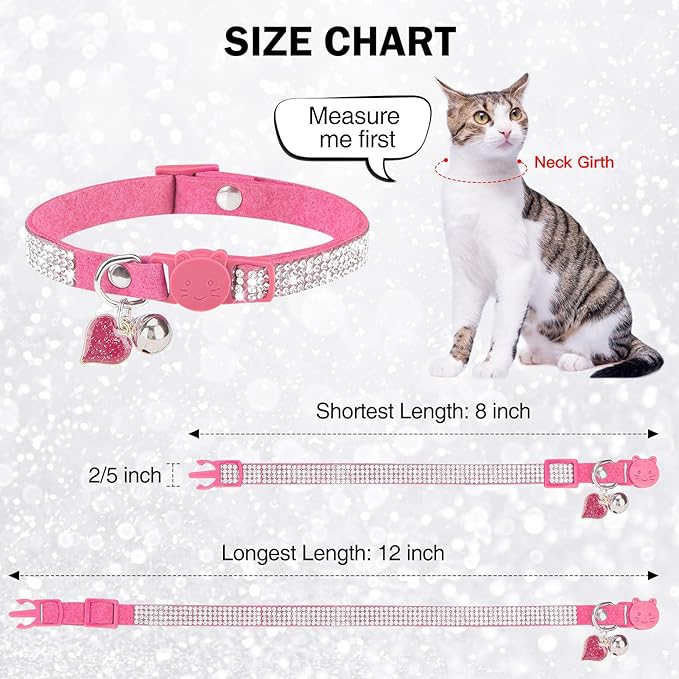 Rhinestone Cat Collar Breakaway with Bell, Diamond Cat Collar with Safety Buckle Quick Release for Girl Boy Small Kitten Pets Puppy,Cute Soft Female Male Cat Collars, Color Rose 8-12"