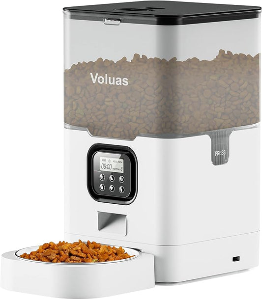 VOLUAS Automatic Cat Feeders - Pet Food Dispenser for Dry Food, Timed Cat Feeder with Desiccant Bag, Programmable Portion Size Control 4 Meals Per Day, 10s Voice Recorder