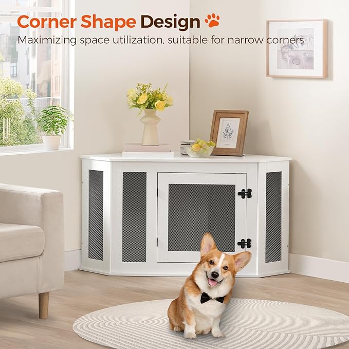 Corner Dog Crate Furniture, Wooden Dog Kennel End Table, Decorative Pet Crate Indoor Use, Furniture Style Dog House for Small Medium Dog, Dog Cage TV Stand, White and Black DCWT0801