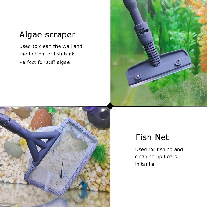 AQUANEAT Fish Tank Cleaning Tools, 6 in 1 Aquarium Cleaning Tools, including Algae Scraper, Sponge Pad, Fish Net, Gravel Rake and Cleaning Brush