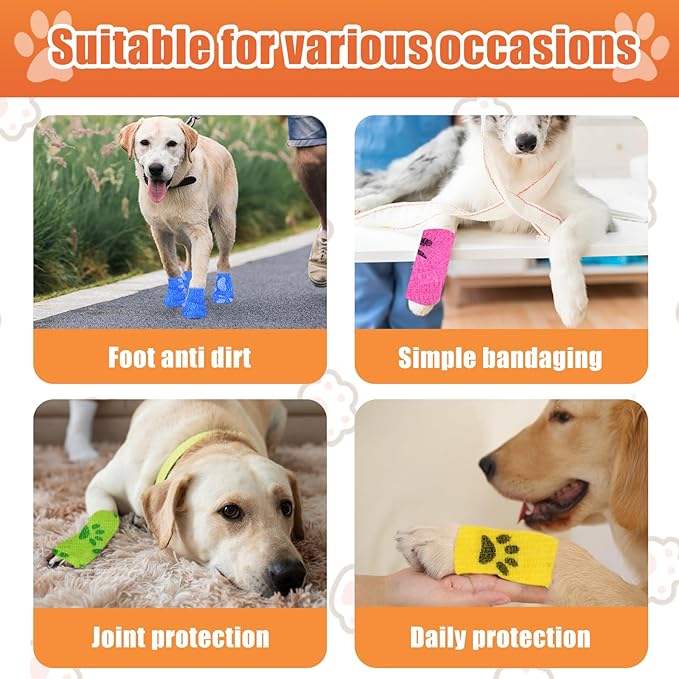 6 Roll 2 Inch x 5 Yards Paw Print Pet Vet Wrap for Dogs Cats, Cohesive Bandages in Bulk, Colorful Non-Woven Self Adhesive Bandages Wrap Roll for Pet Animals Wound Care, Ankle Sprains and Swelling