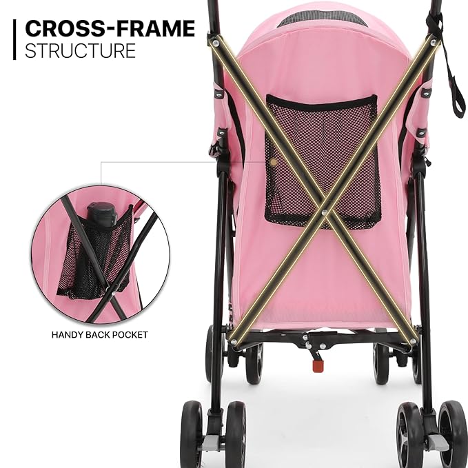 MoNiBloom 4 Wheels Pet Stroller, Easy-Fold Puppy Cage Jogger Stroller with Sun Cover, Pad and Rear Storage Bag, Breathable and Visible Mesh for Small/Medium Pets up to 22 lbs, Pink