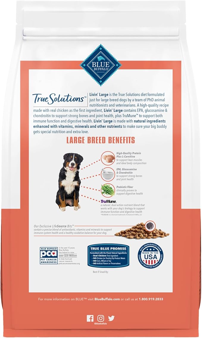 Blue Buffalo True Solutions Livin' Large Natural Dry Food for Adult Large Breed Dogs, Chicken, 11-lb. Bag