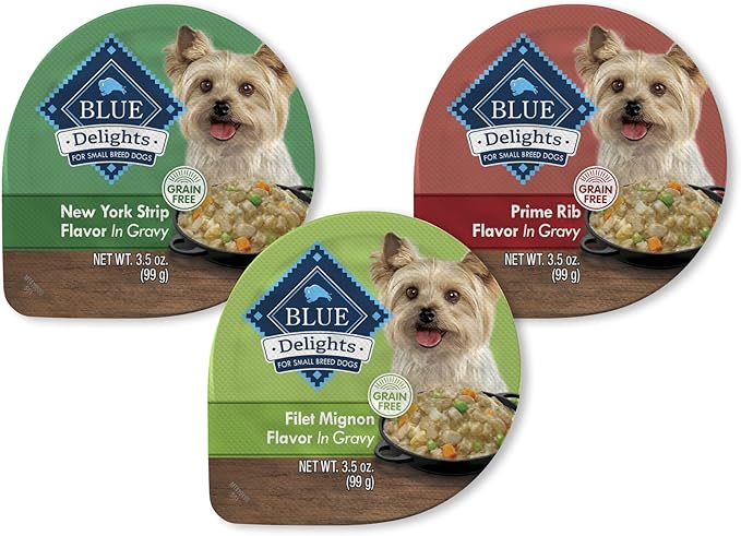 Blue Buffalo Delights Natural Adult Small Breed Wet Dog Food Cups, Pate Style, Prime Rib, NY Strip, and Filet Mignon 3.5-oz (24 Pack- 8 of Each Flavor)