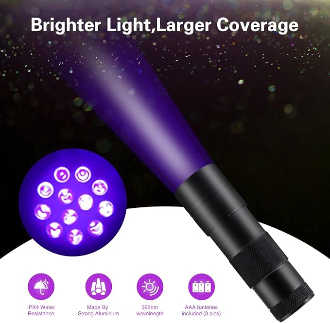 COSOOS Black Light Flashlight, 12LED Small UV Lights 395nm, Portable Black Light Urine Detector for Dog Cat Pet Urine Stain, AAA Batteries Included