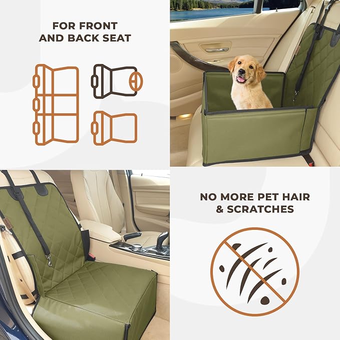 Extra Stable Dog Car Seat - Robust Car Dog Seat or Puppy Car Seat for Small to Medium-Sized Dogs - Reinforced Walls and 3 Belts - Waterproof Pet Car Seat for Back and Front Seat (Khaki/Black)