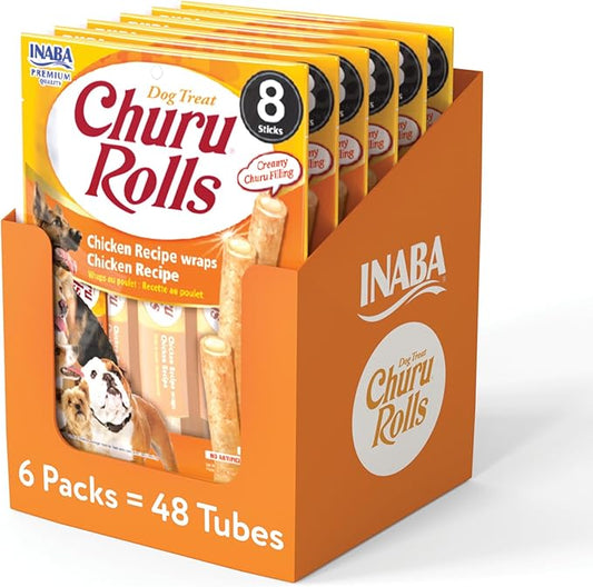 INABA Churu Rolls for Dogs, Grain-Free, Soft/Chewy Baked Chicken Wrapped Churu Filled Dog Treats, 0.42 Ounces Each Stick| 48 Stick Treats Total (8 Sticks per Pack), Chicken Recipe