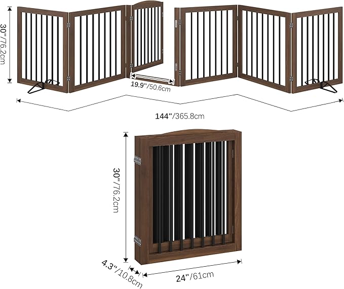 Folding Pet Gate 144" Wide, 30" Tall No-Assembly Wooden Dog Gate with Door Walk Through, Freestanding Pet Gate, Puppy Safety Fence, with 2PCS Support - Brown