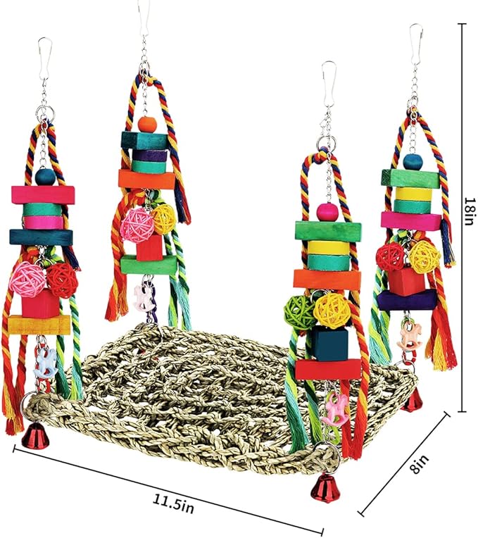 Bird Toys Parakeet Toys Conure Toys Bird Foraging Wall Toy,Seagrass Woven Hammock Swing Mat for Climb Perch Swing with Colorful Wooden Chewing Toys for Lovebirds,Parakeets,Conure,Cockatiel (Large)