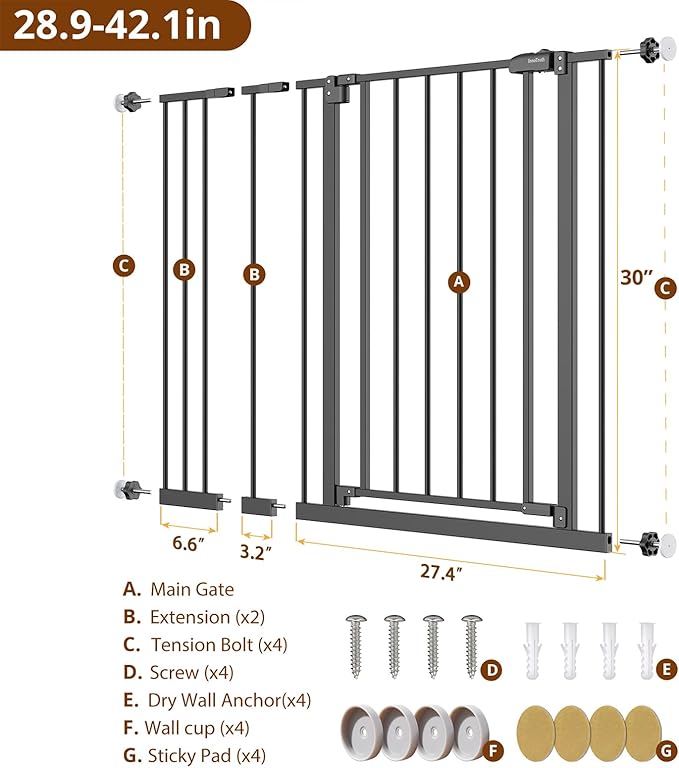 InnoTruth Baby Gate for Stairs 28.9-42.1" Wide, 30" Tall Easy Step Walk Through Expandable Dual Lock Dog Gates for The House, Metal Pressure Mounted Easy Install Pet Gate for Dogs, Black