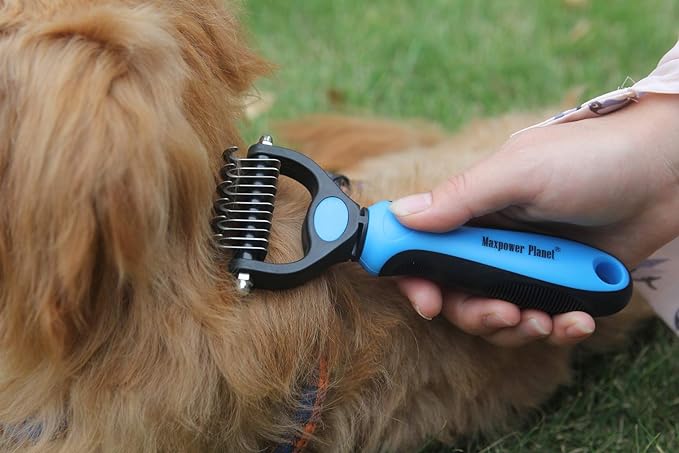 Maxpower Planet Pet Grooming Brush - Double Sided Shedding, Dematting Undercoat Rake for Dogs, Cats. Extra Wide Dog Grooming Brush, Dog Brush for Shedding, Cat Brush, Reduce Shedding by 95% (Blue, S)