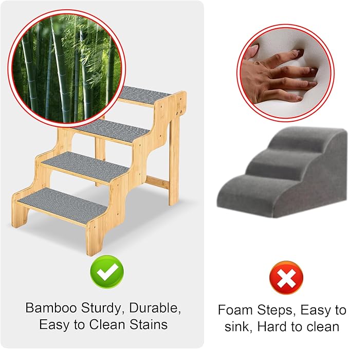 Dog Stairs for High Bed and Couch, Bamboo Dog Steps for Large and Small Dogs, 4-Step Non-Slip Balanced Pet Stairs for Dog/Cat, Wooden Dog Steps for High Beds