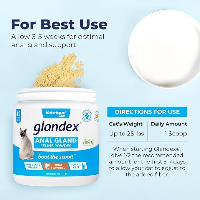 Vetnique Labs Glandex Feline Anal Gland Fiber Supplement Powder for Cats with Digestive Enzyme, Probiotics and Pumpkin, Vet Recommended for Healthy Bowels - Tuna Flavored 4.0 oz, Scoop Included