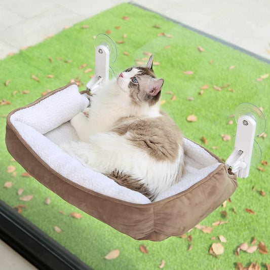 Foldable Cat Hammock for Window with Bolster - Cordless, Three-Side Bolstered Machine Washable Fluffy Bed, Robust Metal Frame - Cat Window Perch for Large Cats and Kittens - Brown/White