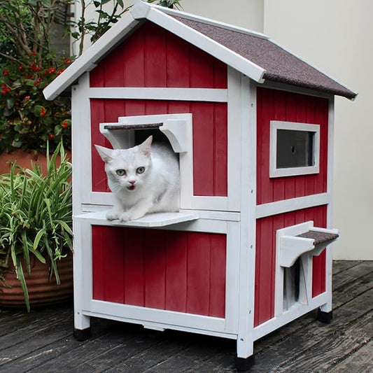 Cat House Outdoor Large Kitty House,Feral Cat Shelter with Escape Door Outside Weatherproof Wine Red HiCaptain