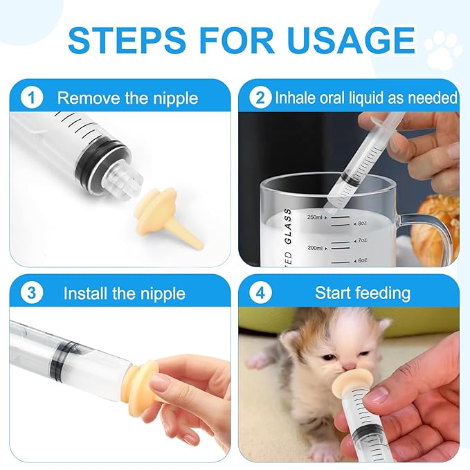 12PCS Kitten Nipples for Feeding, Professional Kitten Feeding Syringes, Nipple&Feeding Kit for Kittens and Puppies, Reusable Newborn Kitten Supplies, Suitable for Feeding Kitten, Puppy, Rabbit