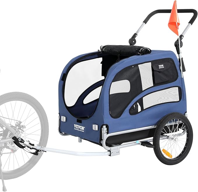VEVOR Dog Bike Trailer, Supports up to 66/88/100 lbs, 2-in-1 Pet Stroller Cart Bicycle Carrier, Easy Folding Cart Frame with Quick Release Wheels, Universal Bicycle Coupler, Reflectors, Flag