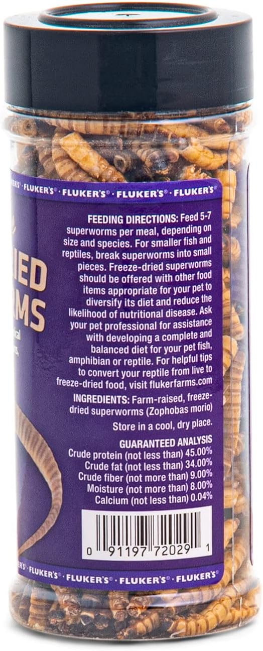 Fluker's Freeze Dried Superworms, for Reptiles, Ideal for Lizards, Reptiles, Birds, Fish, Hedgehogs, 1.7 oz