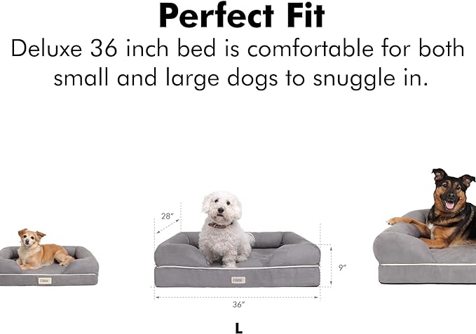 Friends Forever Large Dog Bed, Orthopedic Dog Sofa Memory Foam Mattress, Calming Dog Couch Bed, Wall Rim Pillow, Water Resistant Liner, Washable Cover, Non-Slip Bottom, Chester, Large Grey