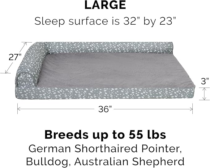 Furhaven Cooling Gel Dog Bed for Large/Medium Dogs w/ Removable Bolsters & Washable Cover, For Dogs Up to 55 lbs - Plush & Almond Print L Shaped Chaise - Gray Almonds, Large