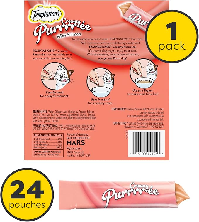 Temptations Creamy Puree Squeezable Lickable Wet Cat Treats with Salmon, 0.42 oz. Tubes, Pack of 24