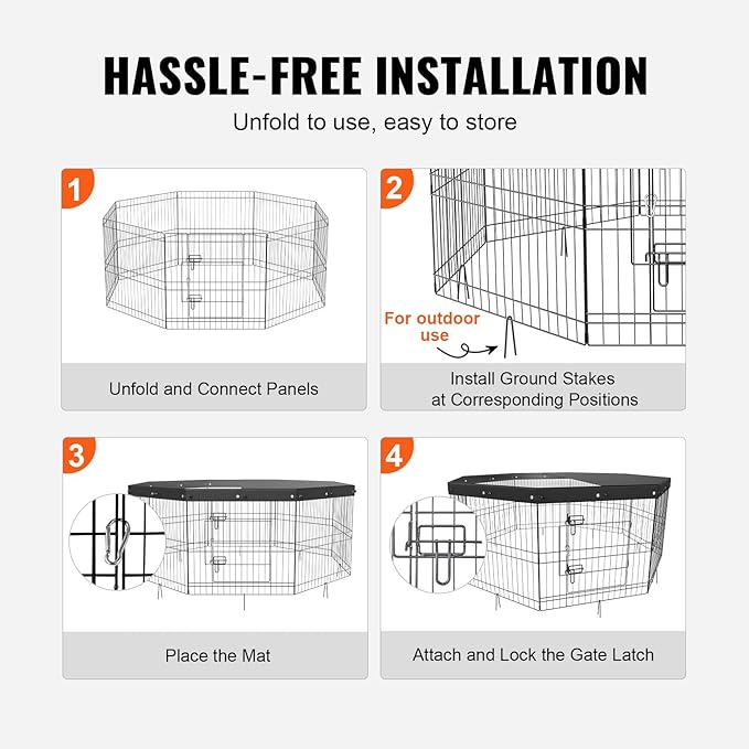 VEVOR Foldable Metal Dog Exercise Pen, Pet Puppy Playpen Yard Fence with Top Cover & Door, Indoor Outdoor 8 Panels 24" W x 24" H Dogs Crate Kennel with Ground Stakes for Small & Medium Dogs