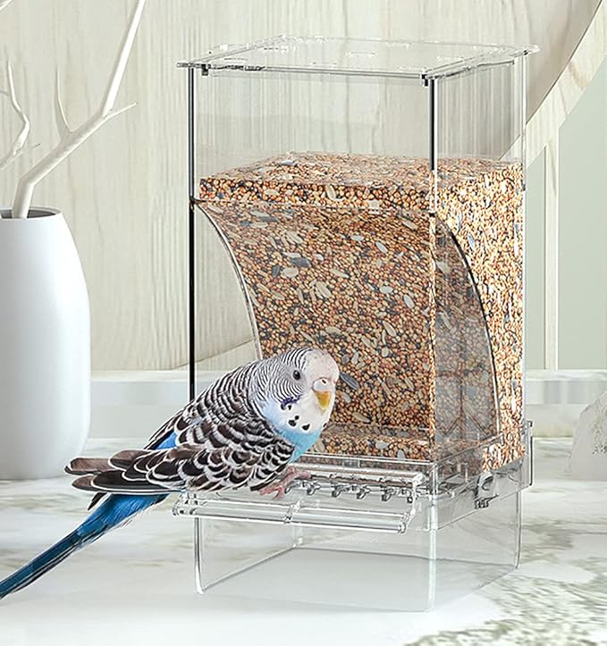 No Mess Bird Feeder Water Dispenser Set, Automatic Parrot Feeder Cage Accessories, Clear Parakeet Seed Container Food Feeder Drinker for Cage, Cockatiel Finch Lovebirds Budgies Canary (Blue)