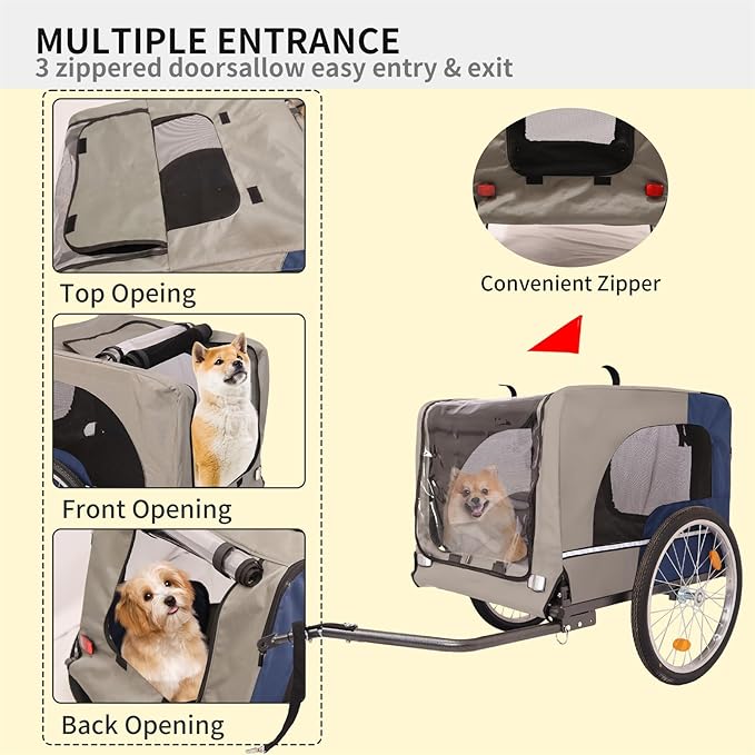 Pet Dog Bike Trailer, 2 Seat Kids Bike Trailer & Stroller, Bike Trailer Foldable w/Front Jogger Wheel, 2-Seater Lightweight Multisport Trailer with 20" Wheels, 3 Entrances, 8 Refle