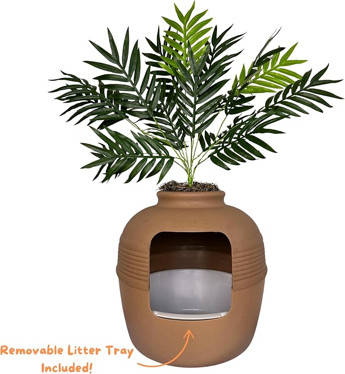 Good Pet Stuff, Original Hidden Litter Box & Reusable Liner Essentials Kit, Round Enclosed Cat Planter Litter Box with Artificial Plants, Vented Carbon Odor Filter System, Easy to Clean, Mocha Brown