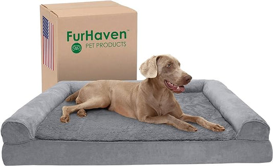 Furhaven Cooling Gel Dog Bed for Large Dogs w/ Removable Bolsters & Washable Cover, For Dogs Up to 125 lbs - Plush & Suede Sofa - Gray, Jumbo Plus/XXL