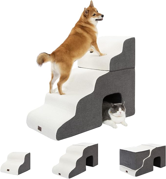 Dog Stairs Ramp for High Beds and Couch,Curved Dog Steps for Small Dogs and Cats Pet Stairs Non-Slip Balanced Portable Pet Step Indoor, 5 Steps,Beige