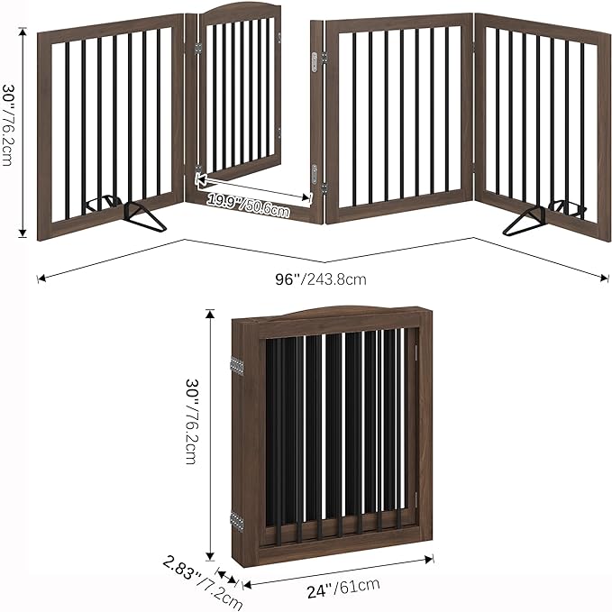 Folding Pet Gate 96" Wide, 30" Tall No-Assembly Wooden Dog Gate with Door Walk Through, Freestanding Pet Gate, Puppy Safety Fence, with 2PCS Support - Brown