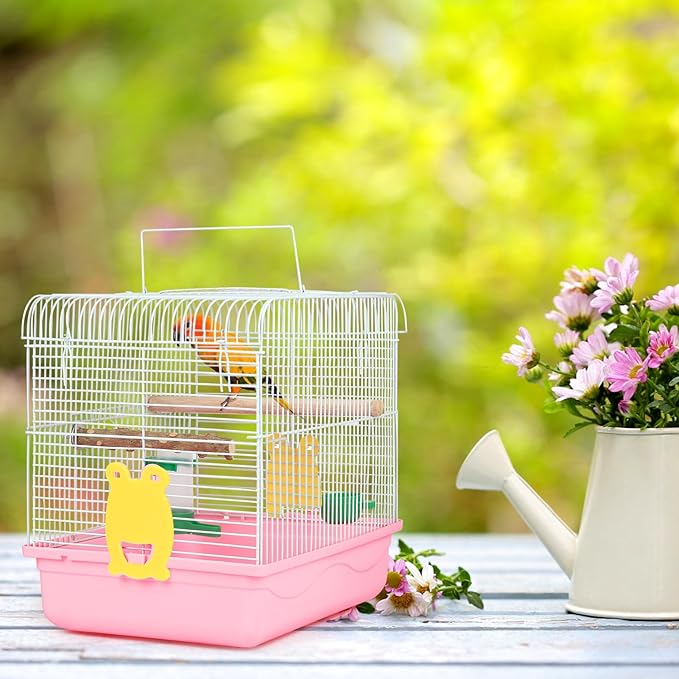 Travel Bird Cages for Cockatiels - Parrot Cage Starter Kit with Stand Accessories Birdcage Great for Parakeets Lovebirds Parrotlets Finches Canaries and More Small Birds(Pink)