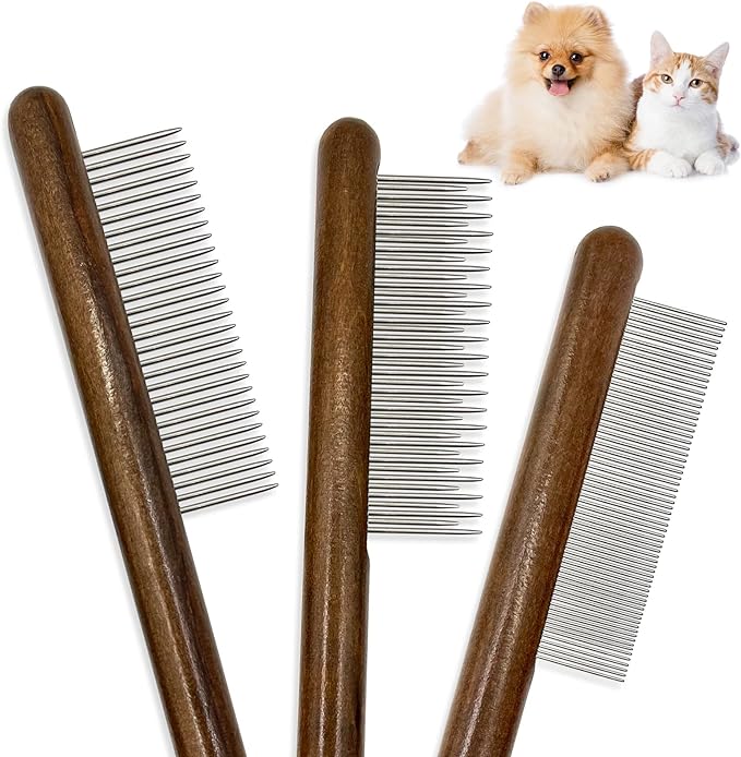 3 Pack Solid Wood Cat Combs,Flea Lice Comb with Rounded Stainless Steel Teeth for Cat Dog Rabbit Massage Removes Mats, Tangles and Loose Fur,Grooming Comb for Cat/Dog/Small Medium Pets