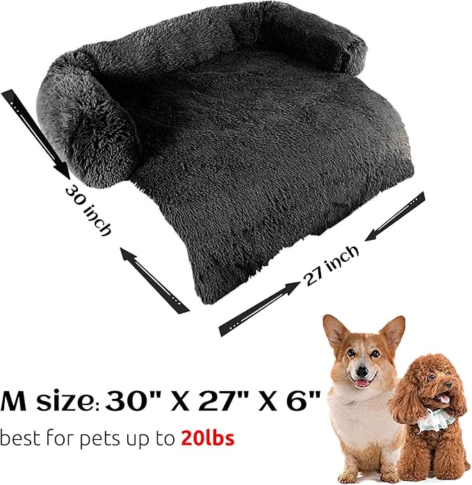 HACHIKITTY Calming Dog Sofa Bed Mat, Washable Plush Couch Cover for Dog, Furniture Protector Pet Sofa Mat for Dogs and Cats, Fluffy Dog Couch Bed with Anti-slip Bottom (30"x 27"x 6", Black)