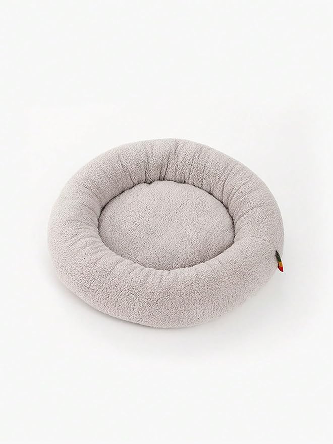 QWINEE Cat and Dog Cushion Bed Mat Plush Puppy Kitten Beds Round Bed Anti-Slip Pet Sleeping Bed for Small Medium Dog Cat Kitten Grey L