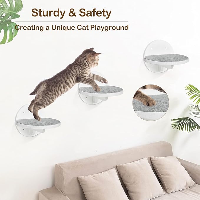 Y&ME YM 3-Packs Cat Climbing Shelves Wall Mounted, Cat Wall Steps Shelves, Cat Wall Shelves with Scratching Pad, Cat Wall Furniture for Cats Sleep Climb Play, Cat Shelves Cat Stairs Cat Ladder (White)