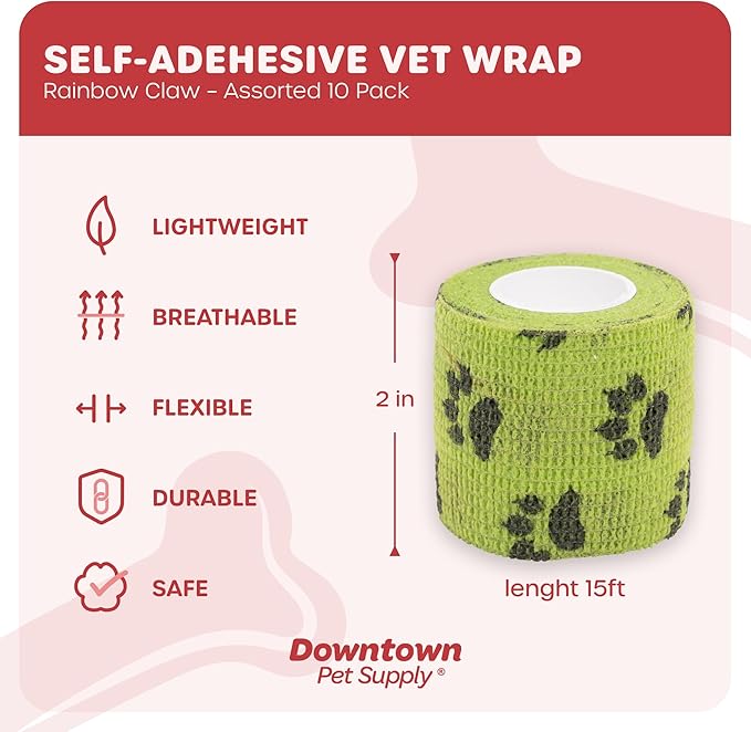 Cohesive Vet Wrap for Dogs, Self Adhesive Bandages in Bulk, Pet Cat Wound Care, Gauss Bandage for Horses by Downtown Pet Supply (Rainbow Claw, 10 Pack)