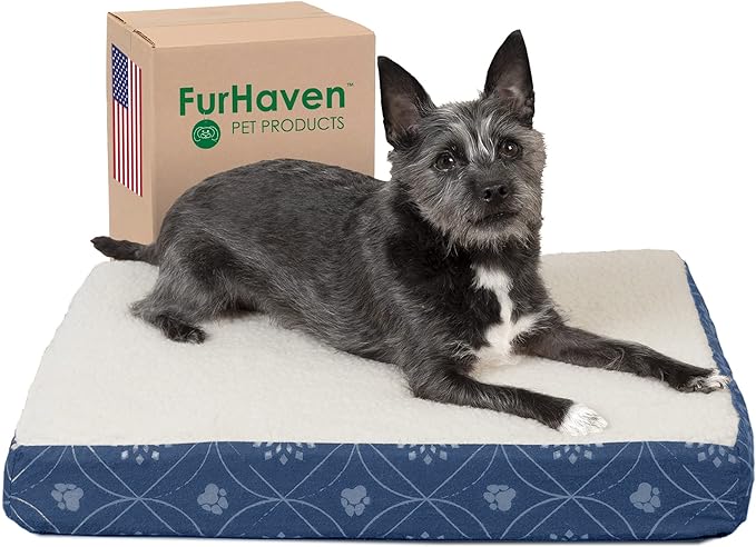 Furhaven Orthopedic Dog Bed for Small Dogs w/ Removable Washable Cover, For Dogs Up to 20 lbs - Sherpa & Flannel Paw Print Deluxe Mattress - Twilight Blue, Small