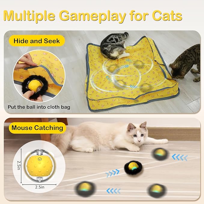 Interactive Cat Toys for Indoor Cats, Electric Cat Ball Fast Rolling in Pouch, Motion Activated Chirping Cat Toy, Hide and Seek Cat Toy with LED Light