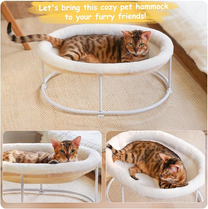 Elevated Cat Hammock Bed for Indoor Cats, Fluffy Warm Cuddle Cat Bed with Detachable Pad Bed Cover, Raised Pet Bed Cuddler for Sleeping Kittens, Small Dog, Oval Cat Hammock