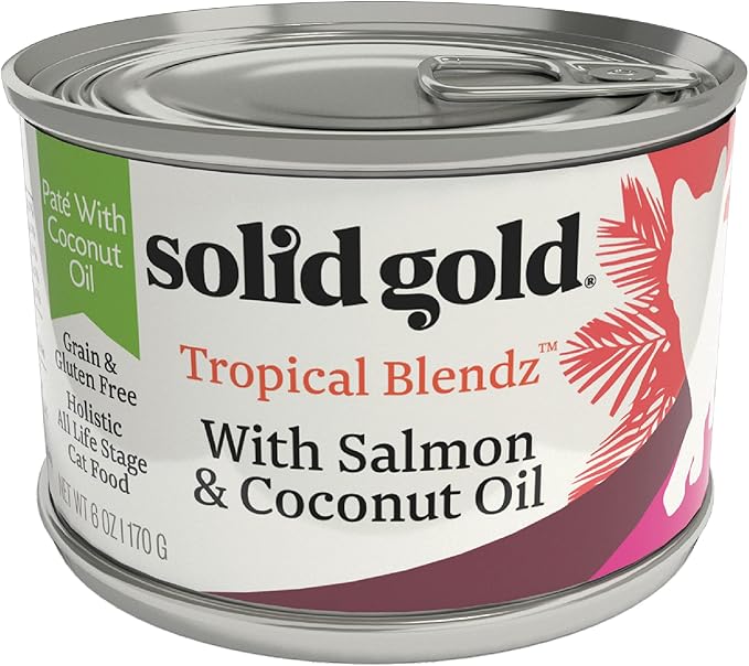 Solid Gold Wet Cat Food Pate for Adult & Senior Cats - Real Salmon & Coconut Oil - Tropical Blendz Grain Free Wet Cat Food for Healthy Digestion, Skin, Coat & Sensitive Stomach - 16ct/6oz Can