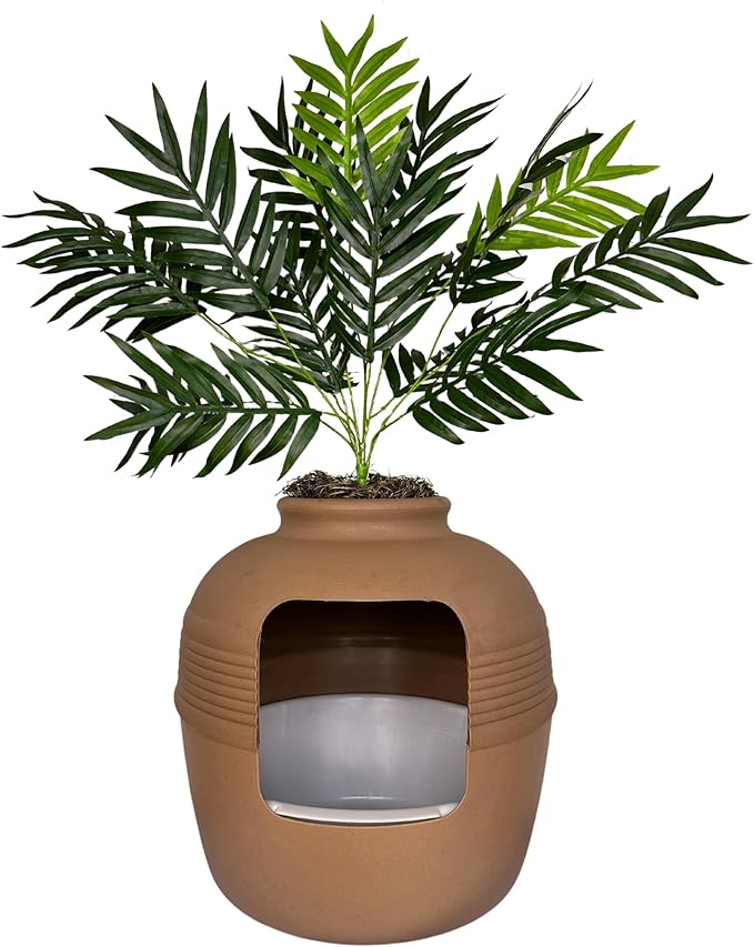 Good Pet Stuff, Original Hidden Litter Box & Reusable Liner Essentials Kit, Round Enclosed Cat Planter Litter Box with Artificial Plants, Vented Carbon Odor Filter System, Easy to Clean, Mocha Brown