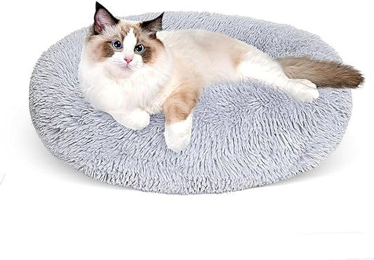 Cat Bed for Indoor Cats, 20 Inch Calming Soft Plush Cat Bed Dog Bed for Small Medium Cats or Dogs,Washable-Round Pet Bed for Puppy and Kitten with Slip-Resistant Bottom