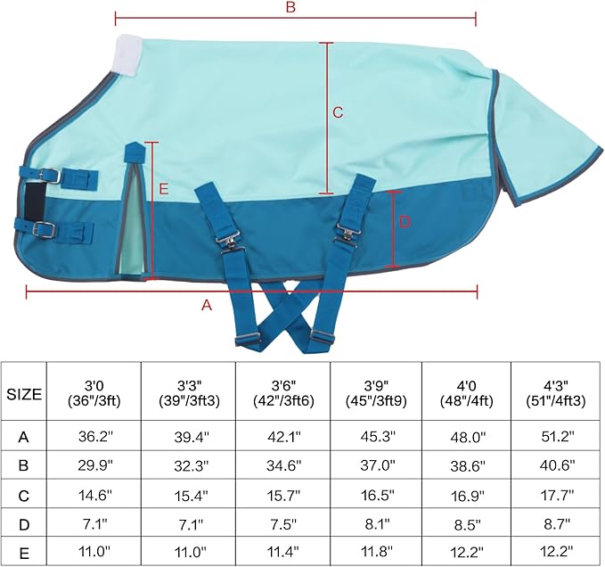 Mini Horse/Pony/Foal/Miniature Size 36"-51" Lightweight Waterproof & Breathable 1200 Denier Turnout Blanket with No Filling Turquoise 42"