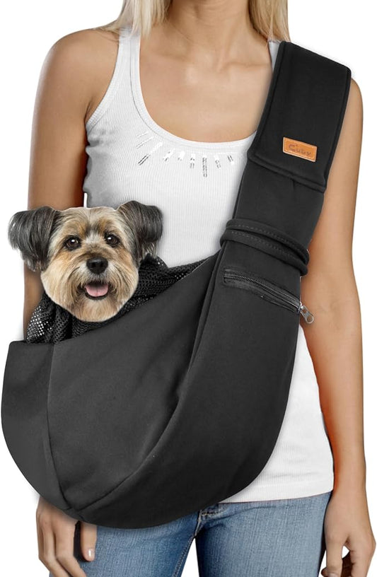 CUBY Dog and Cat Sling Carrier - Small Dog Carrier Sling with Adjust Strap & Zip Pocket, Hands Free Soft Dog Slings for Small Dogs Cats Puppy Pets Outdoor Travel Safety Purse Bag (Black)