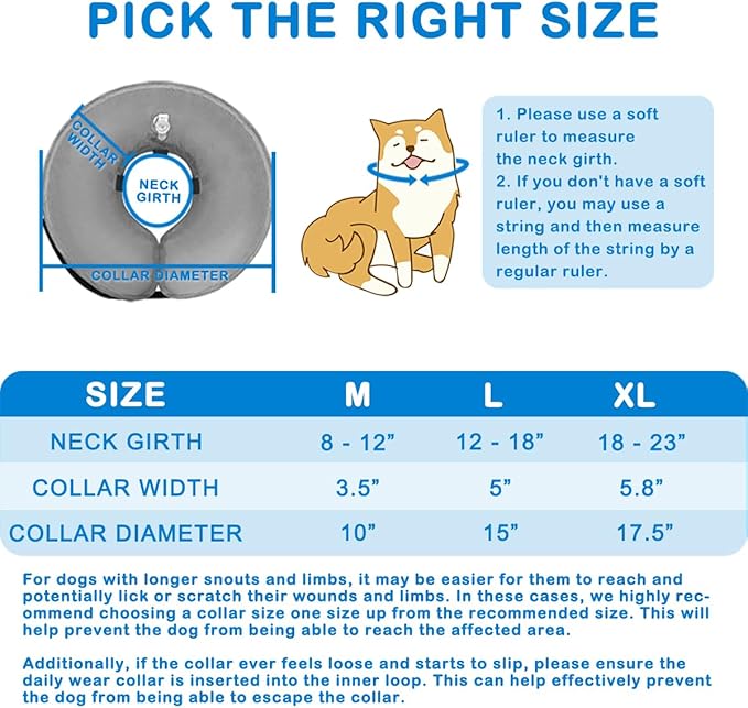 Inflatable Dog Cone Collar (L Size), Soft Blow-up Protective Recovery Dog Collar, Pet Donut Cone Collar, Comfy Elizabethan Collar After Surgery for Medium Dog to Prevent Biting Scratching, Blue