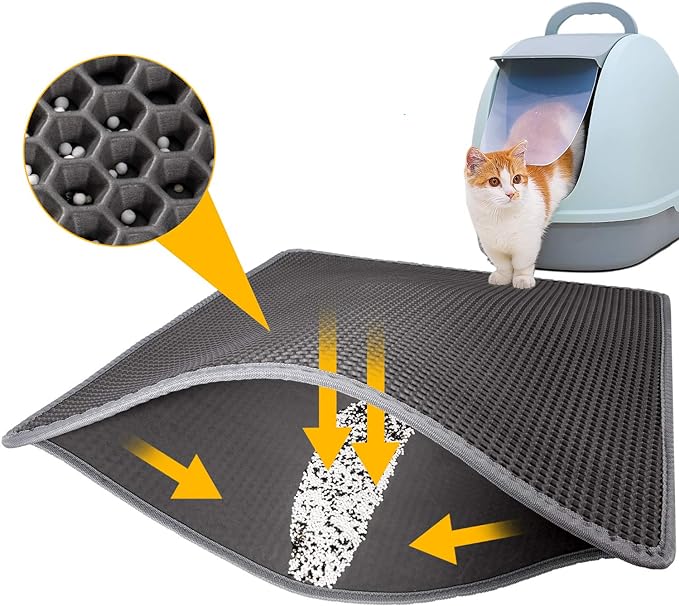 Cat Litter Mat Grey Trapping for Litter Box, No Slip & Large, Urine & Waterproof, Honeycomb Double Layer Anti Tracking Kitty Mats, No Phthalate, Washable Easy Clean (24" x 15", Grey)